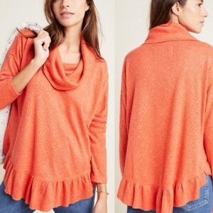 Anthropologie | Maeve Addie Ruffled Hacci Orange Cowl Neck Sweater Size XL